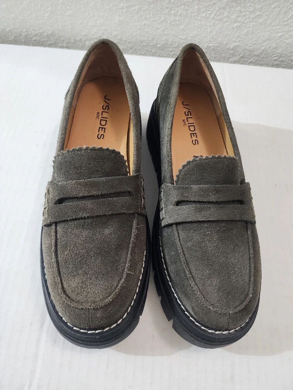 J/Slides Tyler Suede Chunky Platform Penny Loafers Olive Green Lug Sole Women 7